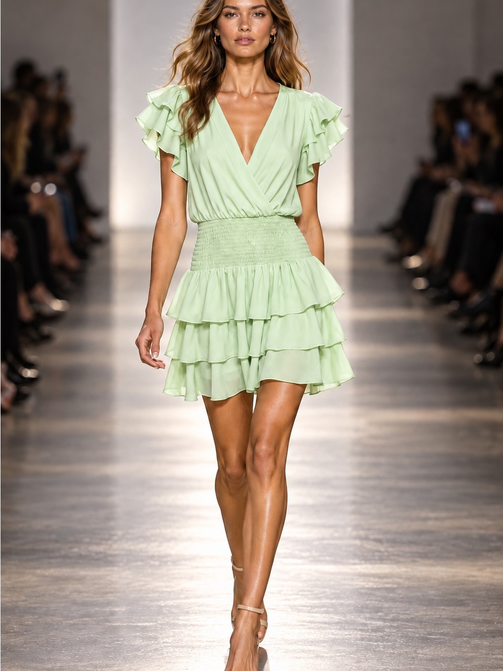 Amanda Uprichard Green Ruffle Sleeve Smocked Mini Dress S Coquette Cocktail